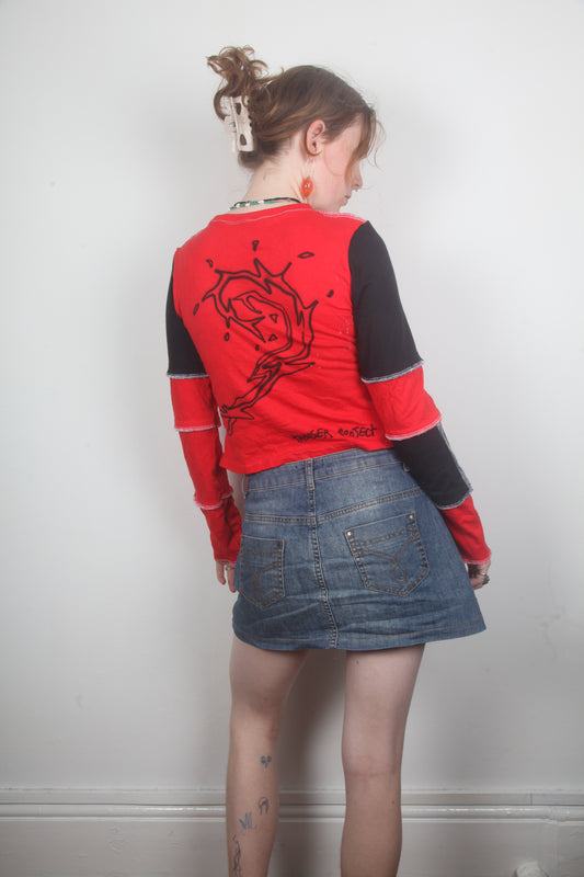 Reworked Red Patchwork Long Sleeve Top