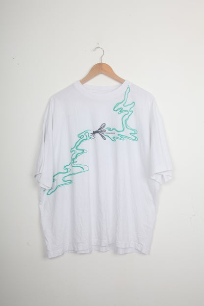 White Short Sleeve T-Shirt Graphic Upcycled Design (XL)