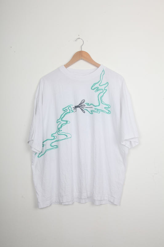 White Short Sleeve T-Shirt Graphic Upcycled Design (XL)