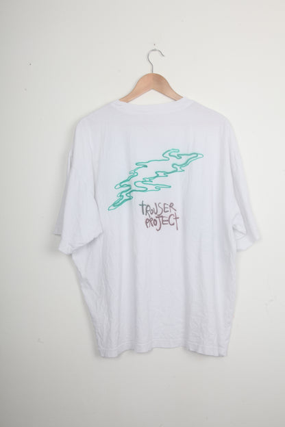 White Short Sleeve T-Shirt Graphic Upcycled Design (XL)