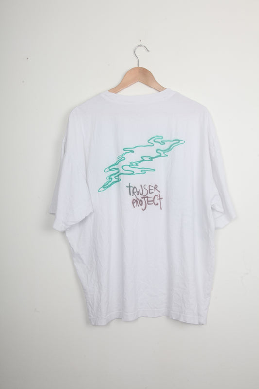 White Short Sleeve T-Shirt Graphic Upcycled Design (XL)