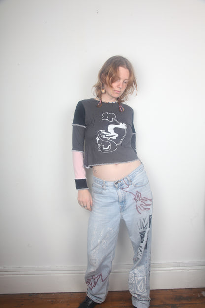 Cut & Sew Long Sleeve Top Graphic Prints (UK8)