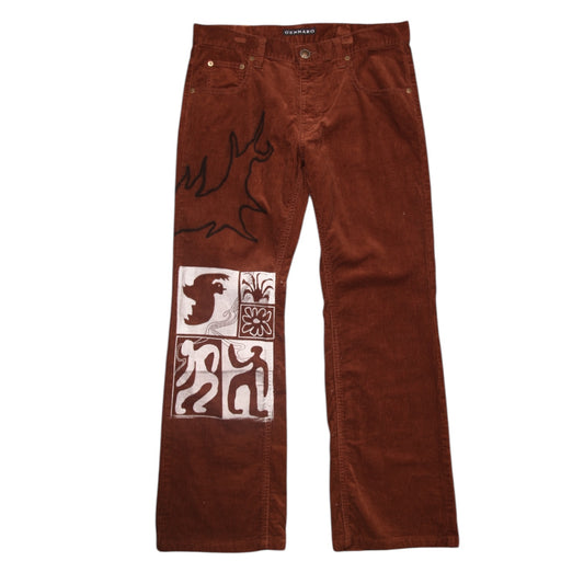 Upcycled Screenprint Brown Corduroy Trousers (W33)