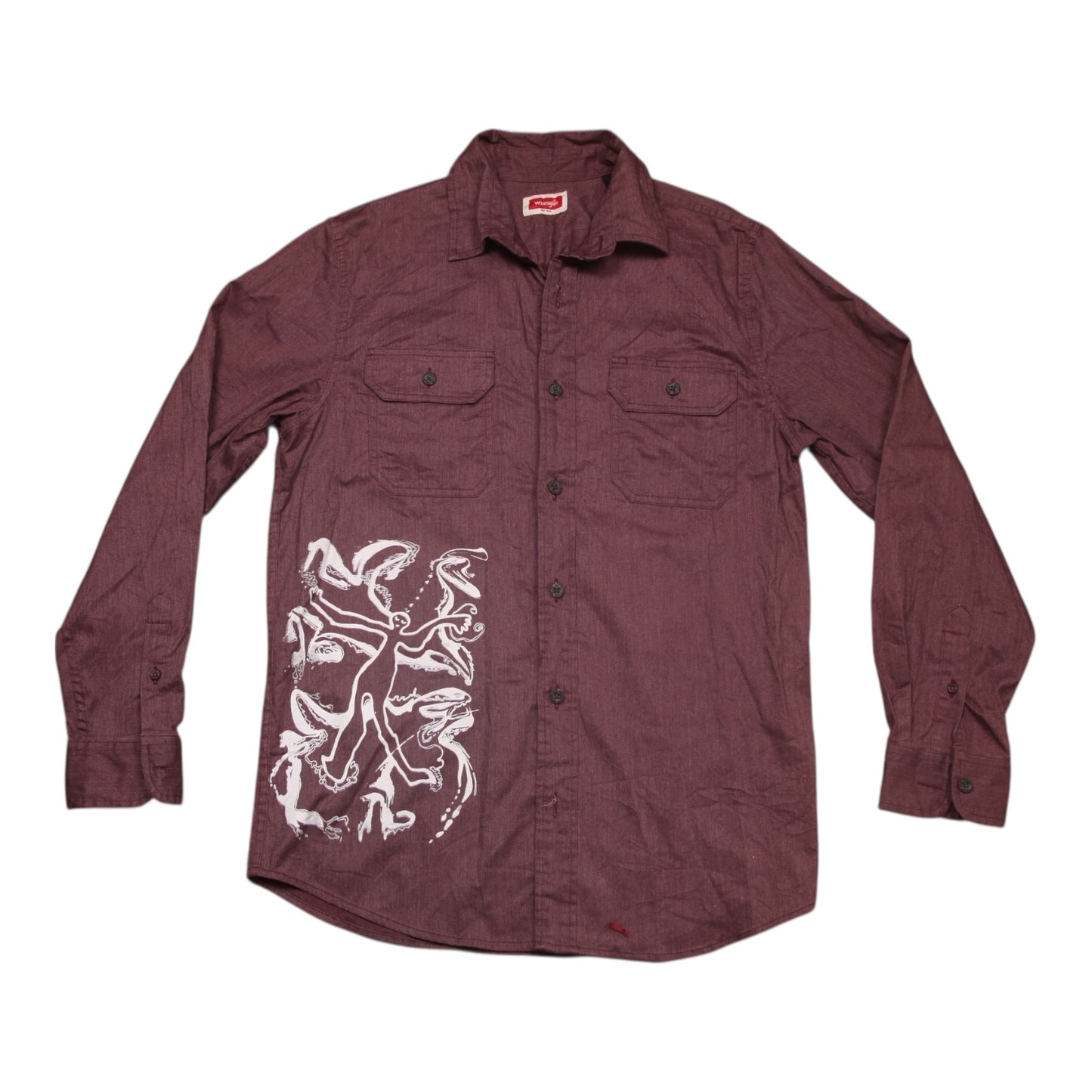 Maroon shirt with white graphic design on a white background