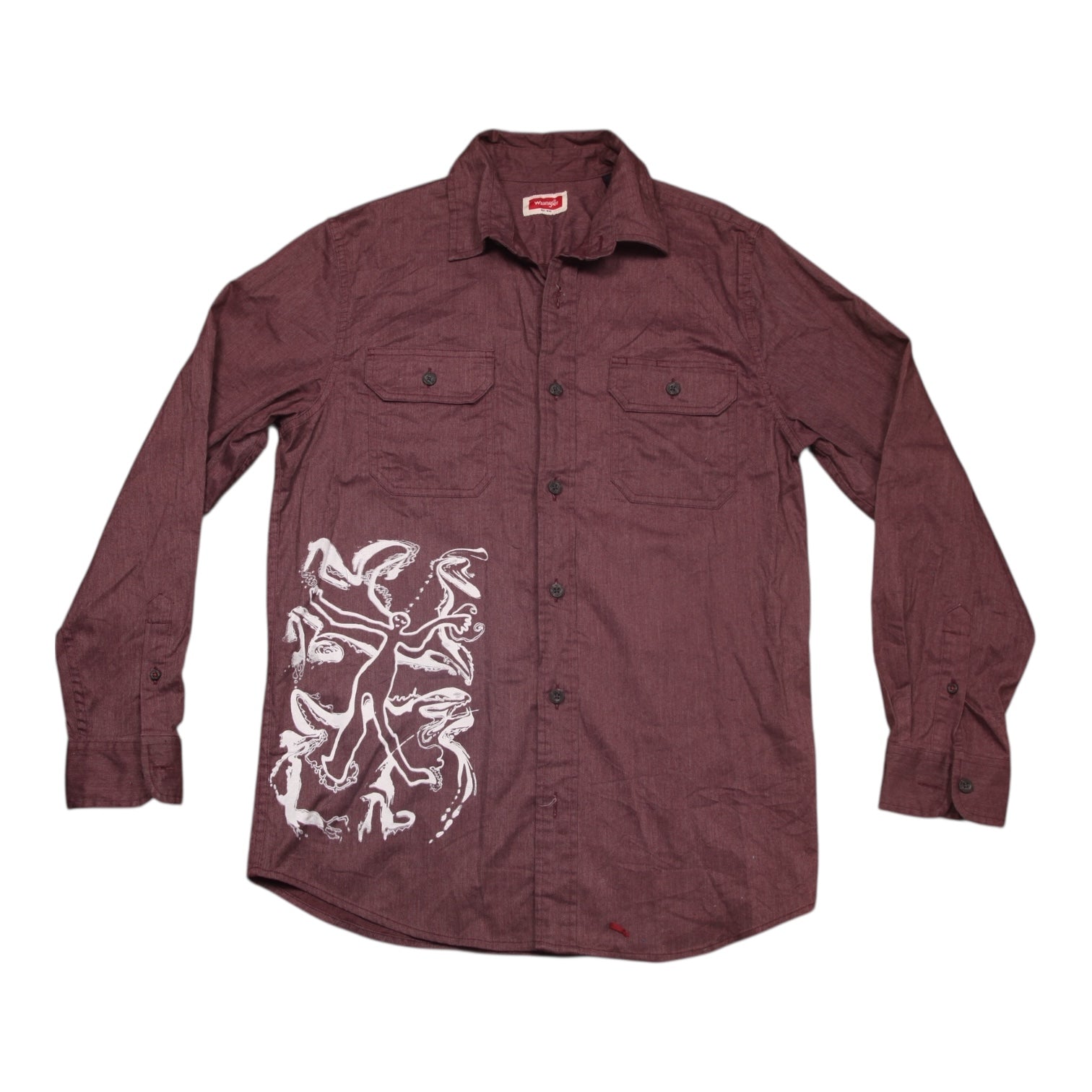 Maroon shirt with white graphic design on a white background