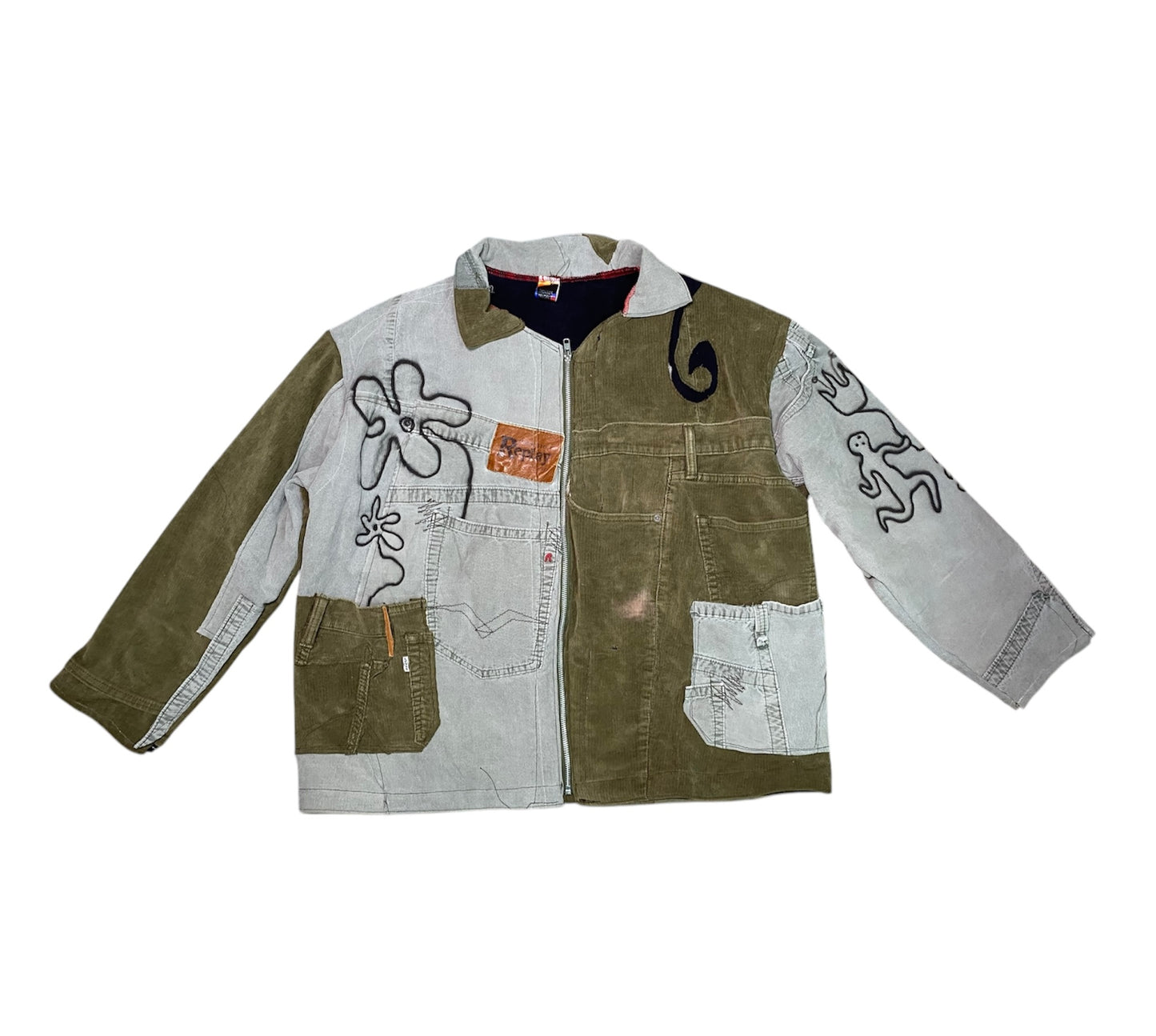 Handmade Zip-Up Jacket – Reworked Denim & Cord, Green Tones
