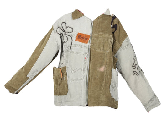 Handmade Zip-Up Jacket – Reworked Denim & Cord, Green Tones